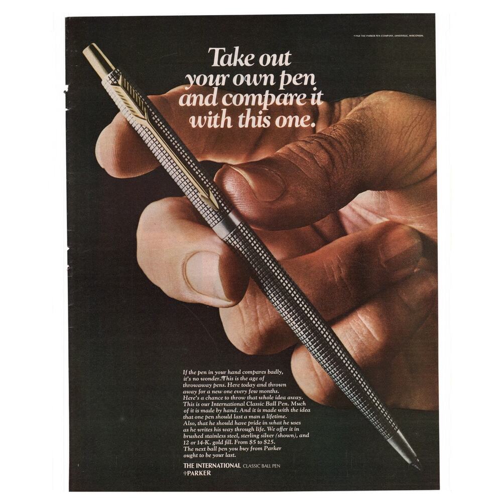 Parker International Pen / Hitachi Electronics Magazine Advertisement 1968 Vtg